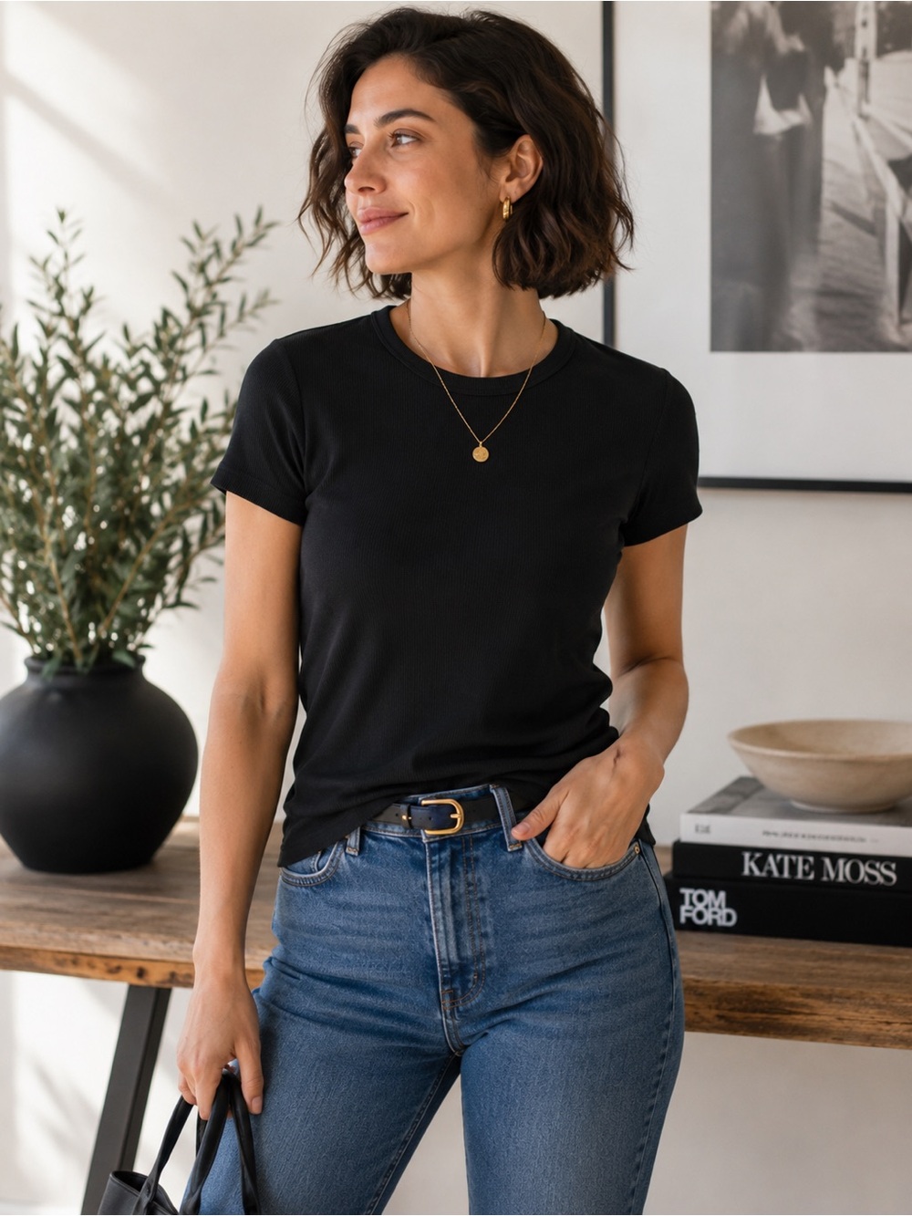 Buffalo David Bitton Black Ribbed Stretch Tee | Women’s L | Essential Crew Neck